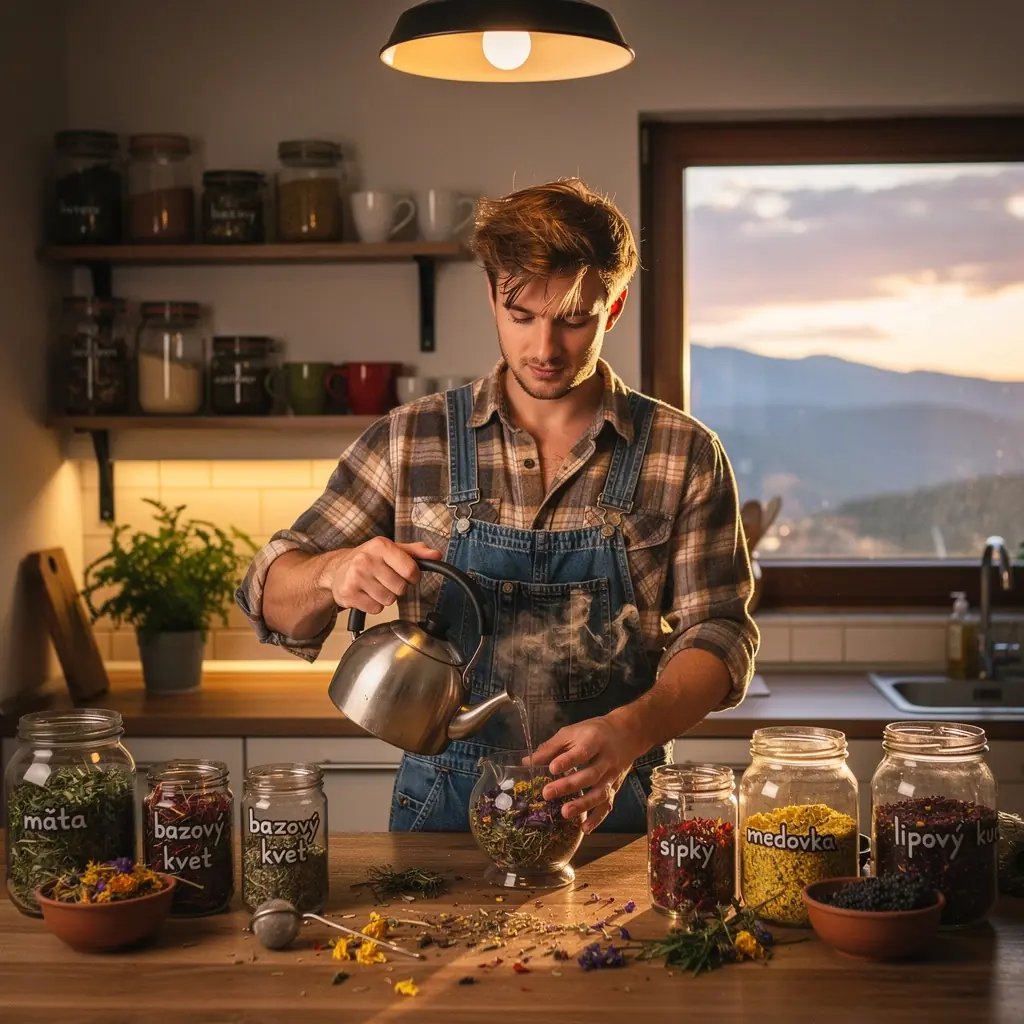 Súprava na prípravu čaju s šálkami a kanvicou, umiestnená na elegantnom stole.