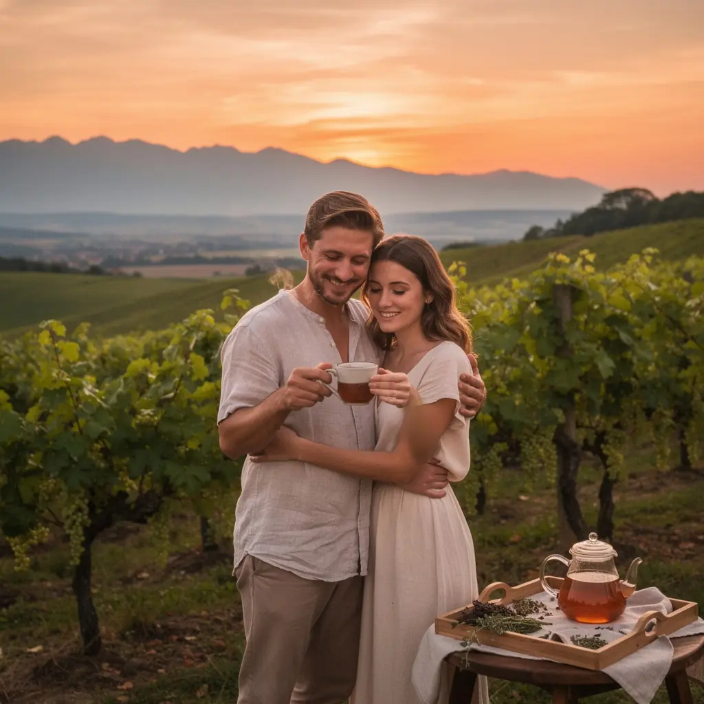 Relaxačná atmosféra s horúcim čajom, sviečkami a jemnými kvetmi na pozadí.