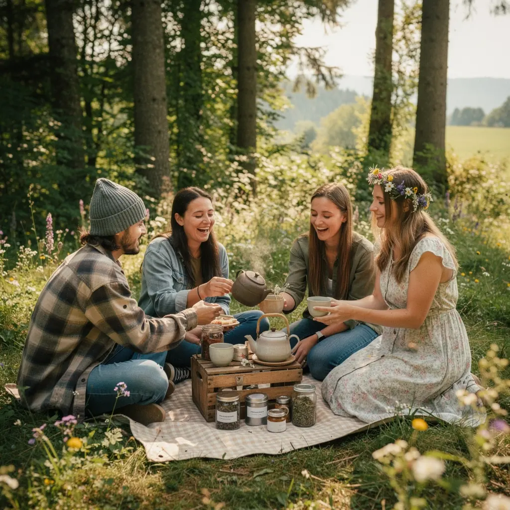 Osoby v pokoji, vychutnávajúce si šálku čaju v prírodnom prostredí s výhľadom na hory.