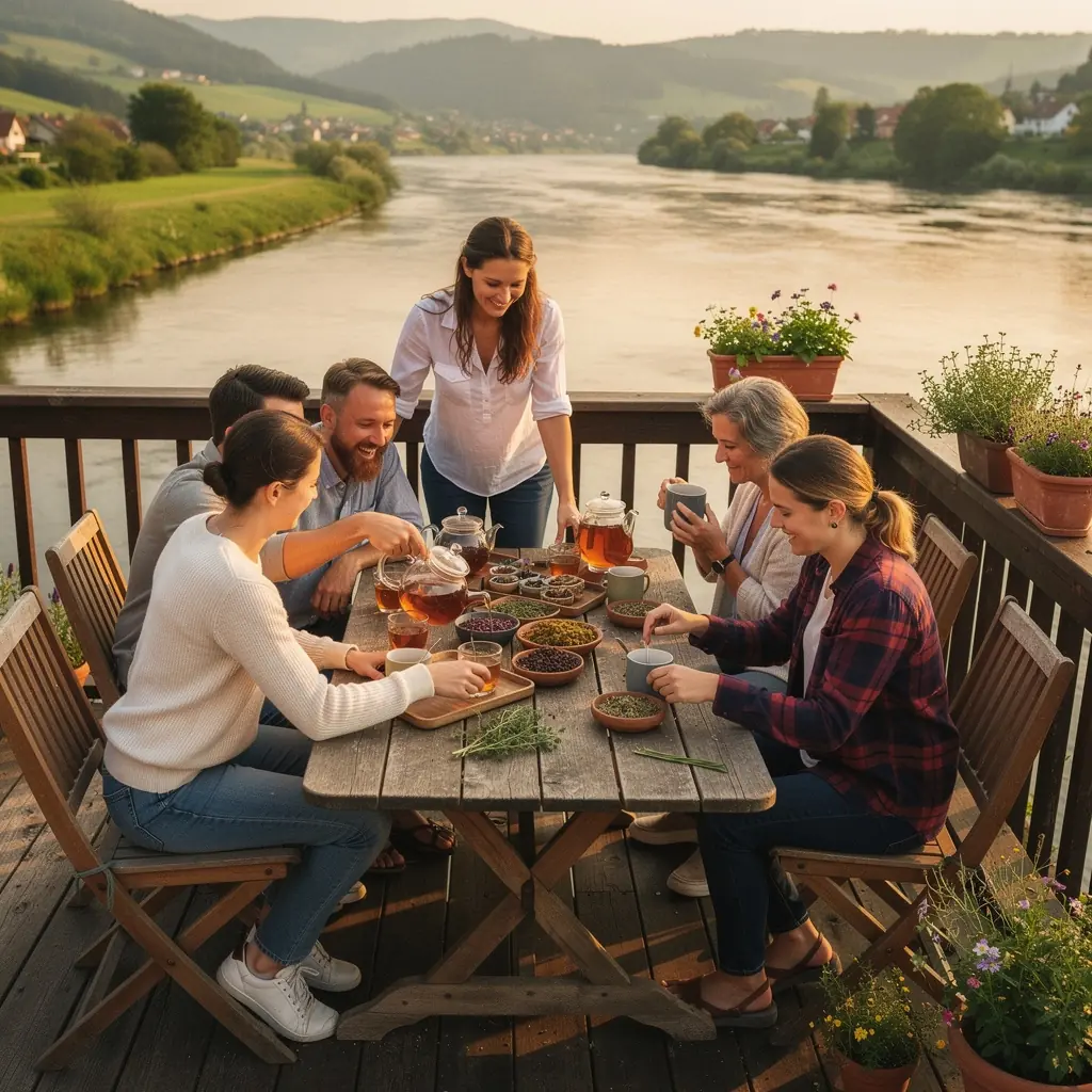 Zelený čaj s bylinkami v šálke na drevenom stole, obklopený relaxačným prostredím.